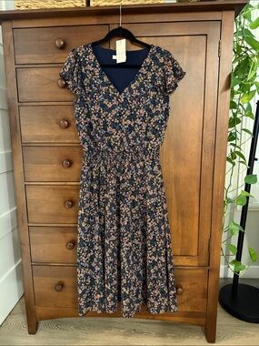 Chaus Navy Floral V-Neck Midi Dress